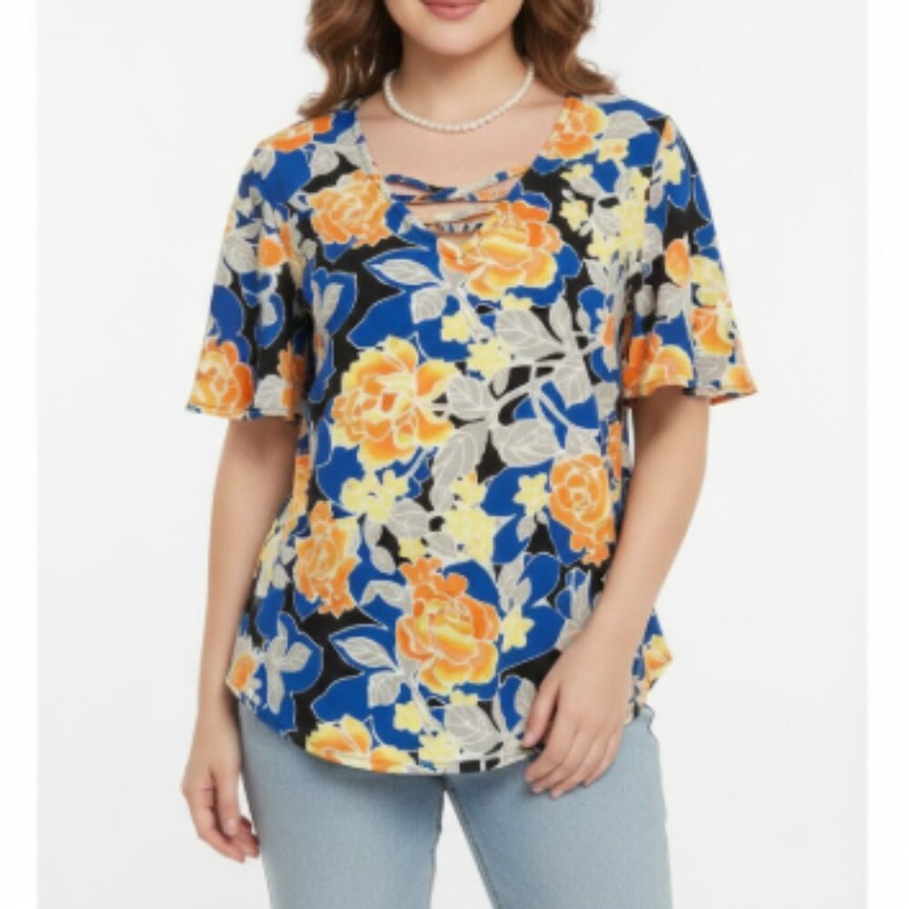 C Est. 1946 Blue Orange Lightweight Short Sleeve Pullover Blouse size 18/20W